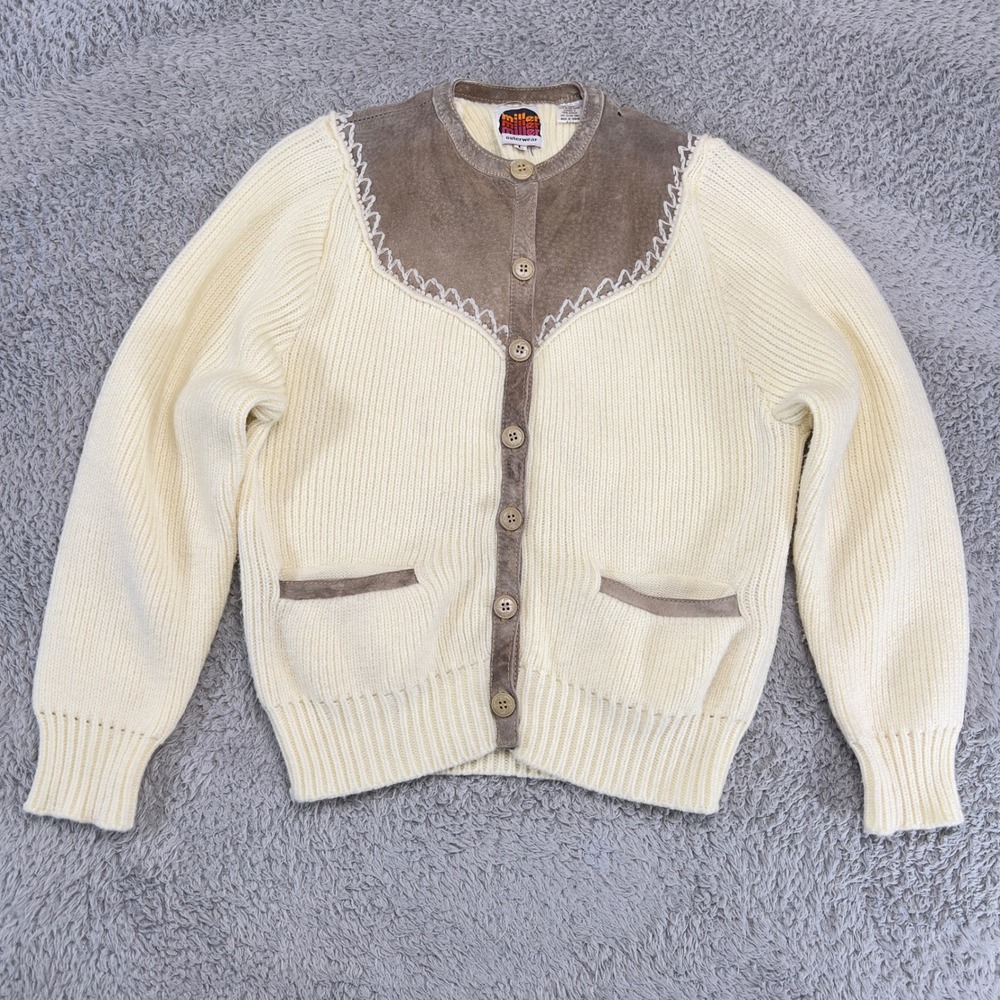 Vintage Miller Outerwear Cardigan L Cream Knit Brown Suede Leather Retro Sweater